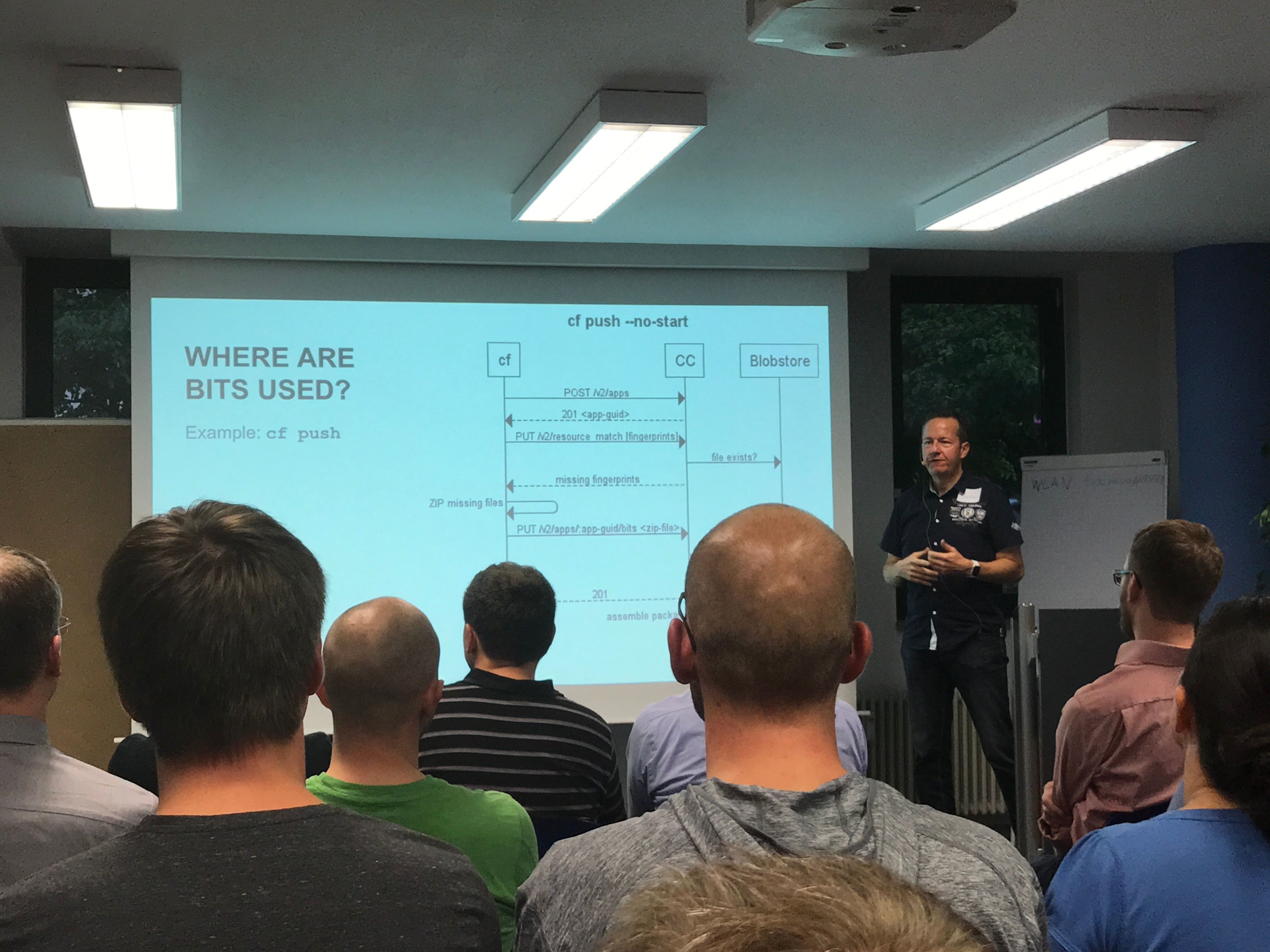 Steffen in front of the audience presenting a slide about the CF Bits Service